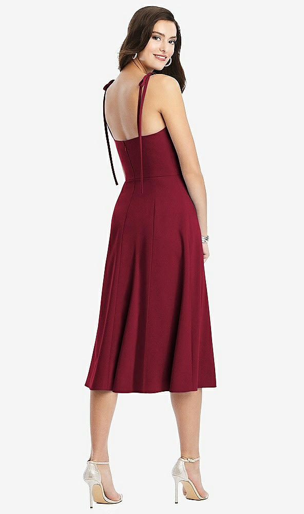 Back View - Burgundy Bustier Crepe Midi Dress with Adjustable Bow Straps