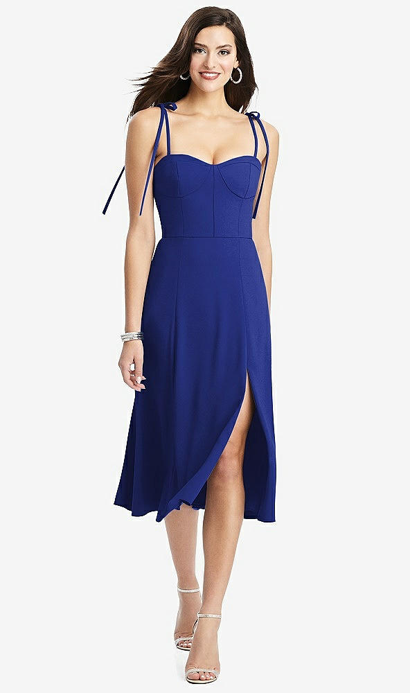 Front View - Cobalt Blue Bustier Crepe Midi Dress with Adjustable Bow Straps