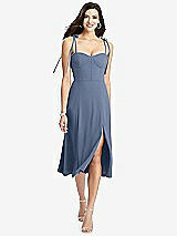 Front View Thumbnail - Larkspur Blue Bustier Crepe Midi Dress with Adjustable Bow Straps