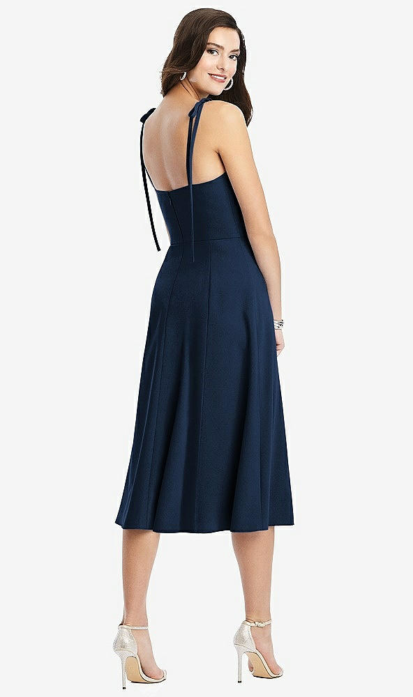 Back View - Midnight Navy Bustier Crepe Midi Dress with Adjustable Bow Straps