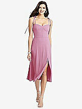 Front View Thumbnail - Powder Pink Bustier Crepe Midi Dress with Adjustable Bow Straps