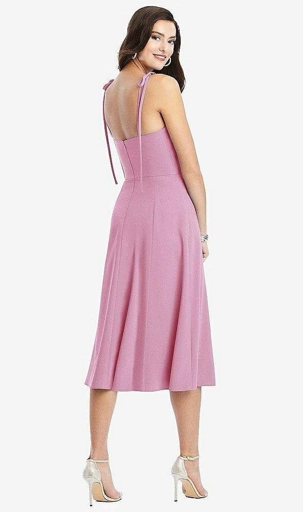 Back View - Powder Pink Bustier Crepe Midi Dress with Adjustable Bow Straps