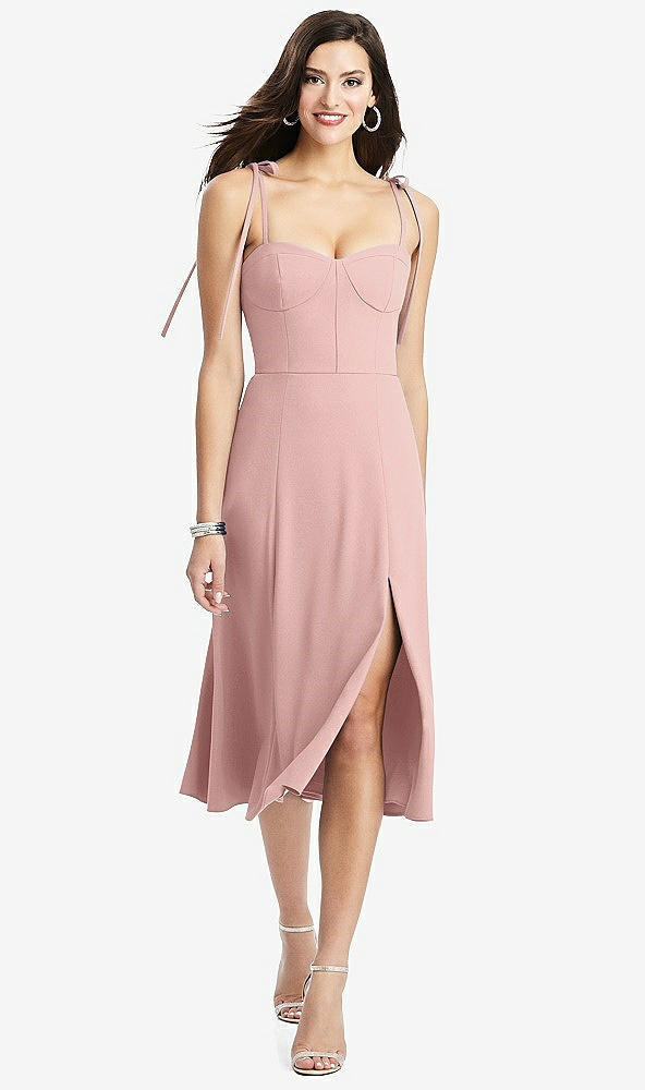 Front View - Rose Bustier Crepe Midi Dress with Adjustable Bow Straps