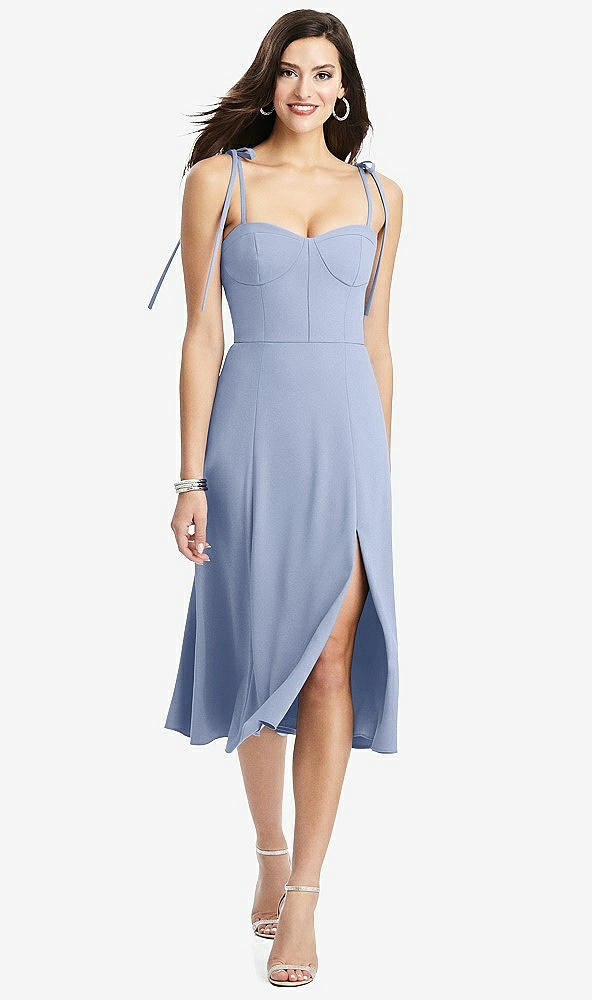 Front View - Sky Blue Bustier Crepe Midi Dress with Adjustable Bow Straps