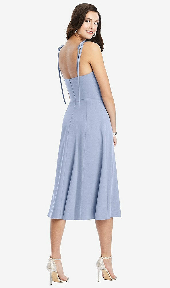 Back View - Sky Blue Bustier Crepe Midi Dress with Adjustable Bow Straps