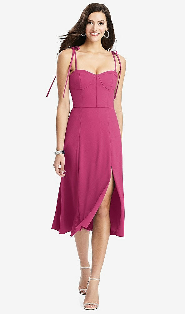 Front View - Tea Rose Bustier Crepe Midi Dress with Adjustable Bow Straps