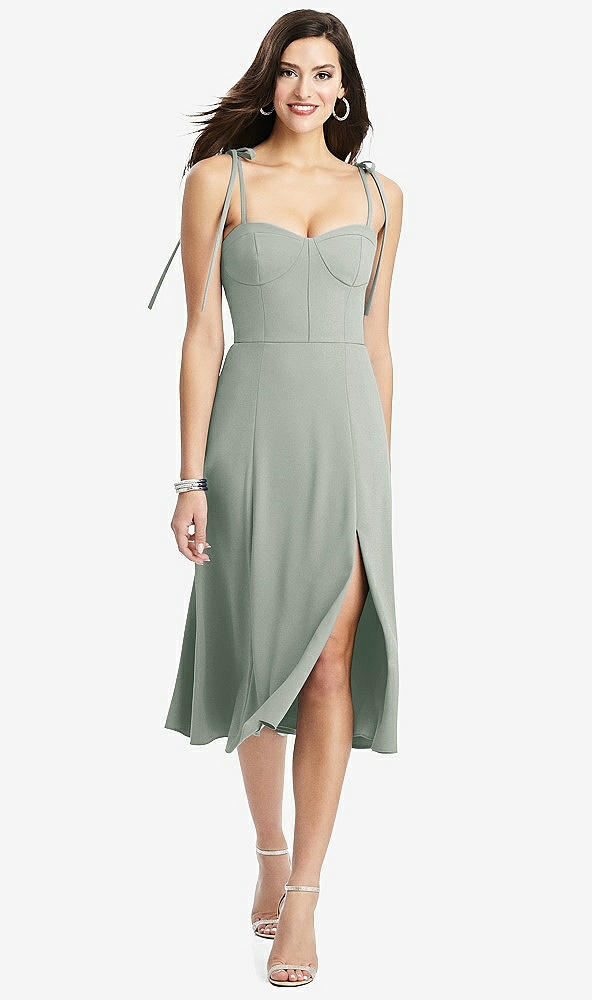 Front View - Willow Green Bustier Crepe Midi Dress with Adjustable Bow Straps