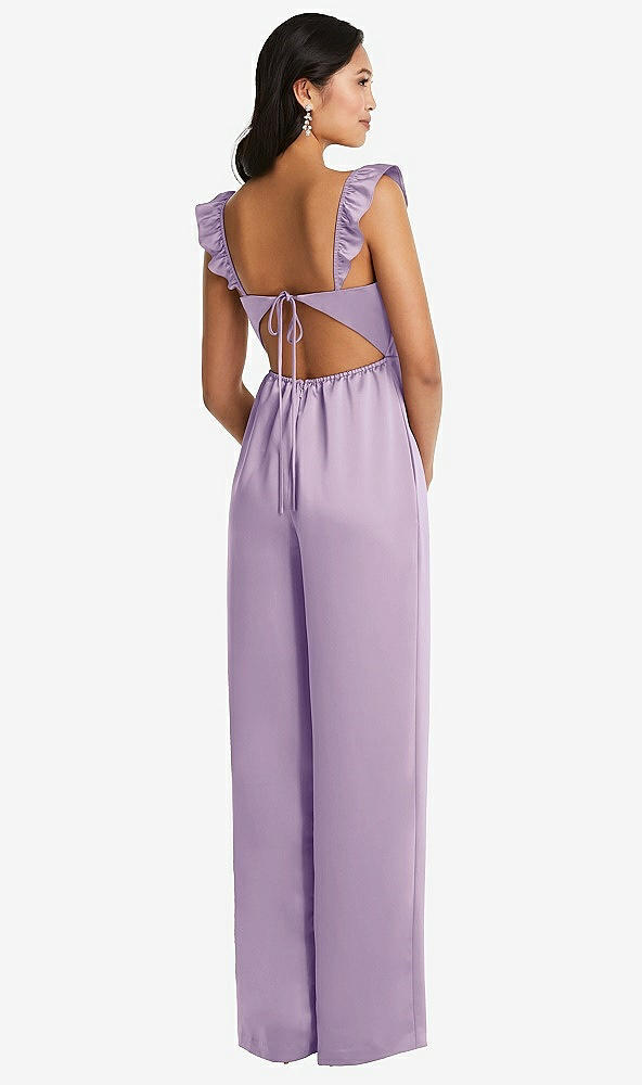 Back View - Pale Purple Ruffled Sleeve Tie-Back Jumpsuit with Pockets