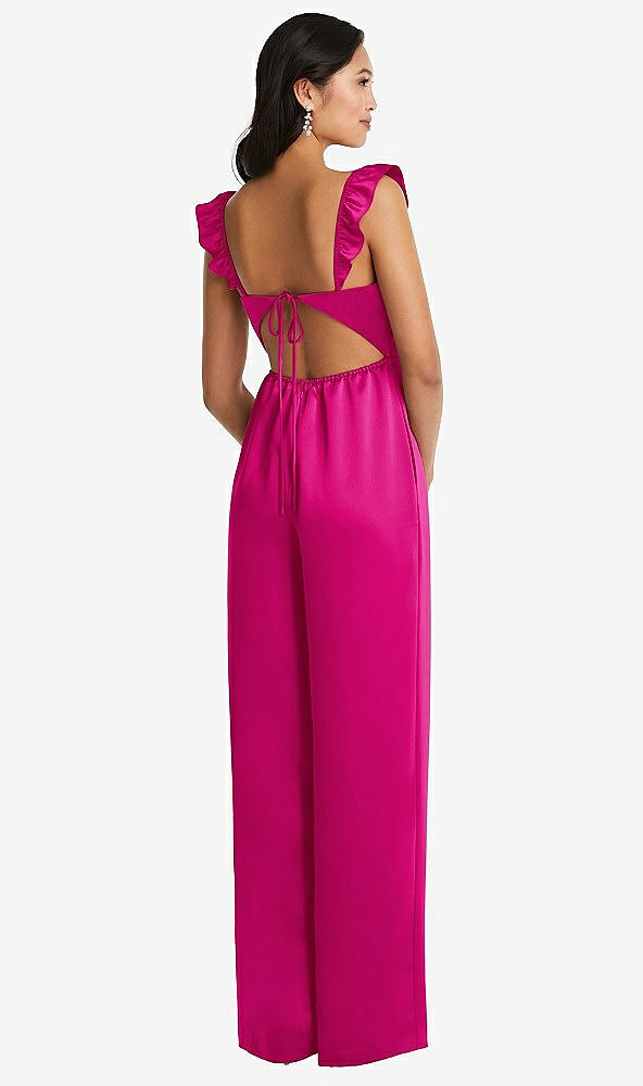 Back View - Think Pink Ruffled Sleeve Tie-Back Jumpsuit with Pockets