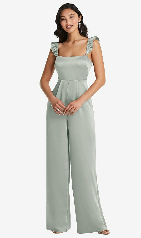 Front View - Willow Green Ruffled Sleeve Tie-Back Jumpsuit with Pockets