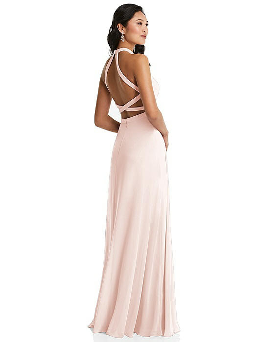 Stand Collar Halter Maxi Dress with Criss Cross Open-Back