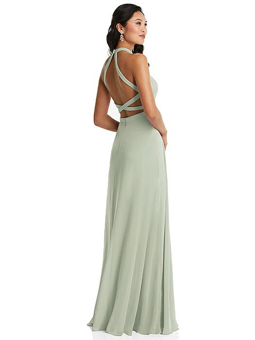 Stand Collar Halter Maxi Dress with Criss Cross Open-Back