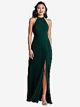 Rear View Thumbnail - Evergreen Stand Collar Halter Maxi Dress with Criss Cross Open-Back