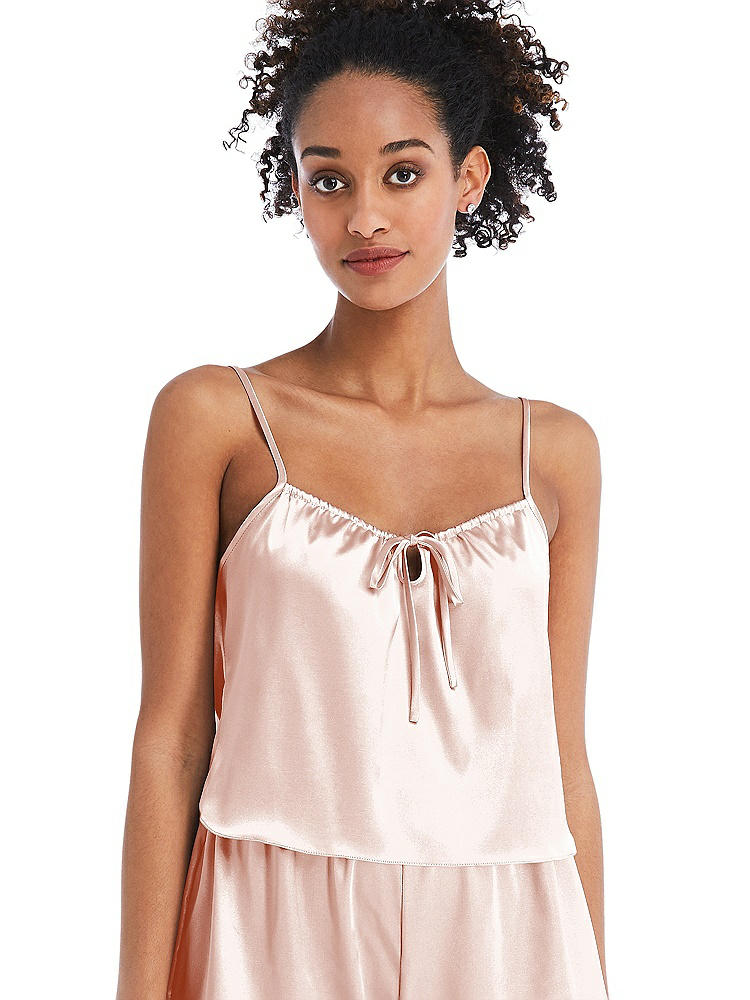 Front View - Blush Drawstring Neck Satin Cami with Bow Detail - Nyla