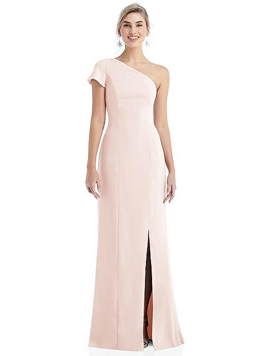 One-Shoulder Cap Sleeve Trumpet Gown with Front Slit