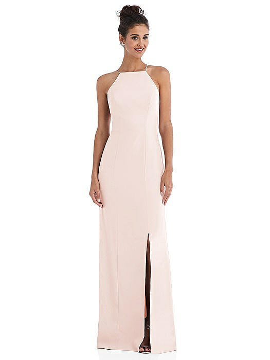 Open-Back High-Neck Halter Trumpet Gown