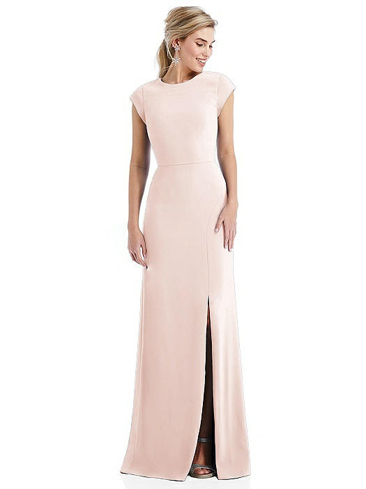 Cap Sleeve Open-Back Trumpet Gown with Front Slit