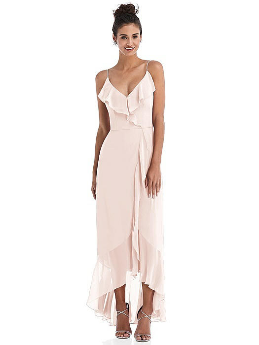 Ruffle-Trimmed V-Neck High Low Wrap Dress