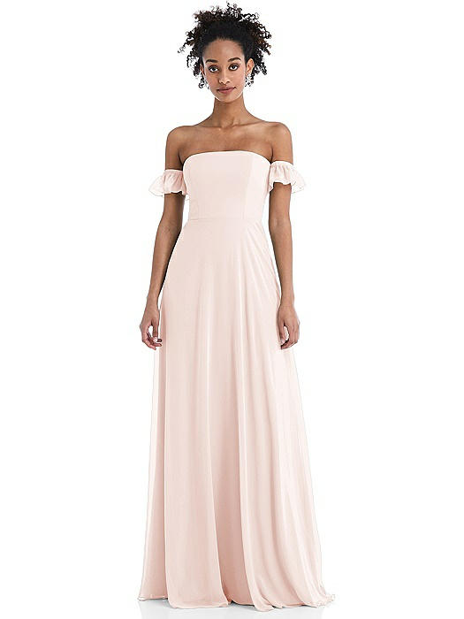 Off-the-Shoulder Ruffle Cuff Sleeve Chiffon Maxi Dress