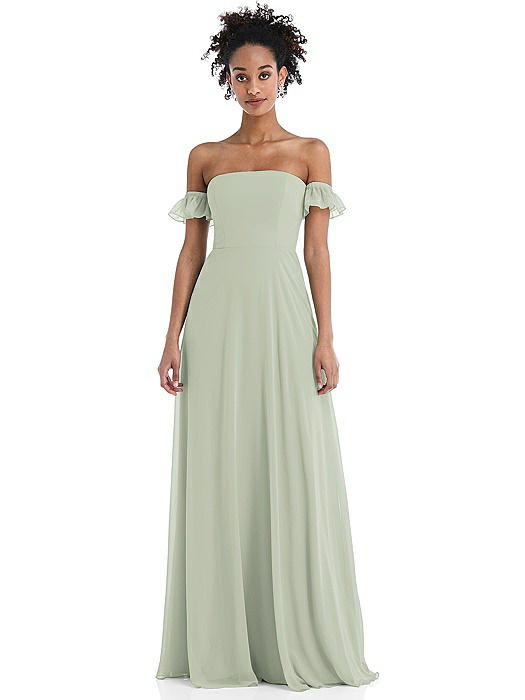 Off-the-Shoulder Ruffle Cuff Sleeve Chiffon Maxi Dress