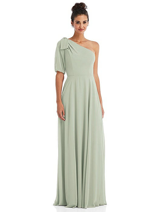 Bow One-Shoulder Flounce Sleeve Maxi Dress