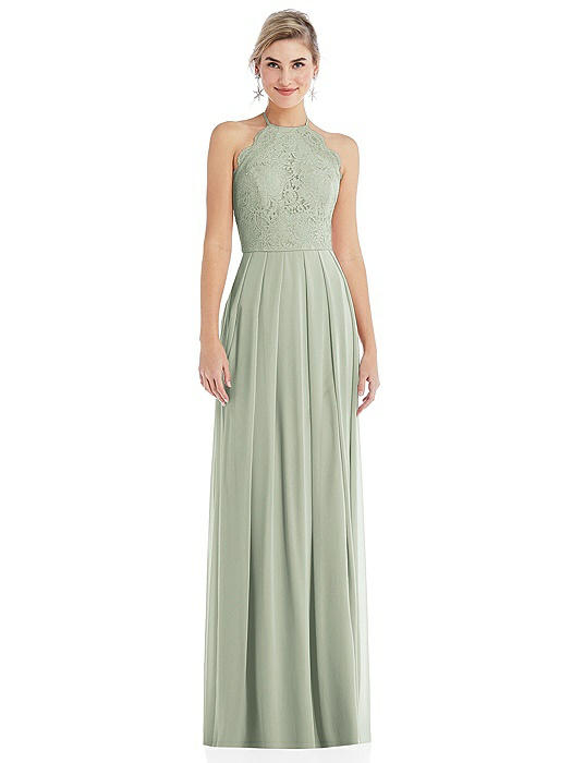 Tie-Neck Lace Halter Pleated Skirt Maxi Dress