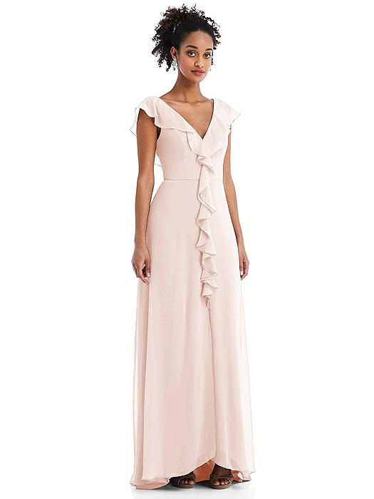 Ruffle-Trimmed V-Back Chiffon Maxi Dress