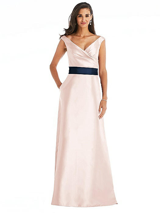 Off-the-Shoulder Draped Wrap Satin Maxi Dress