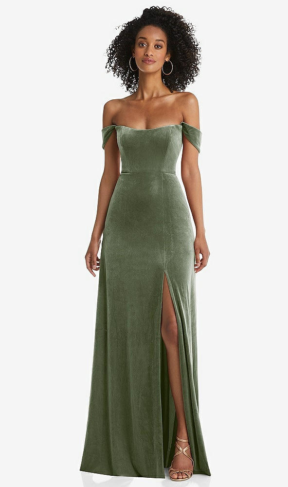 Front View - Sage Off-the-Shoulder Flounce Sleeve Velvet Maxi Dress