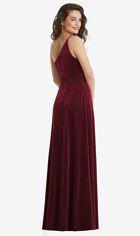 Back View - Cabernet One-Shoulder Spaghetti Strap Velvet Maxi Dress with Pockets