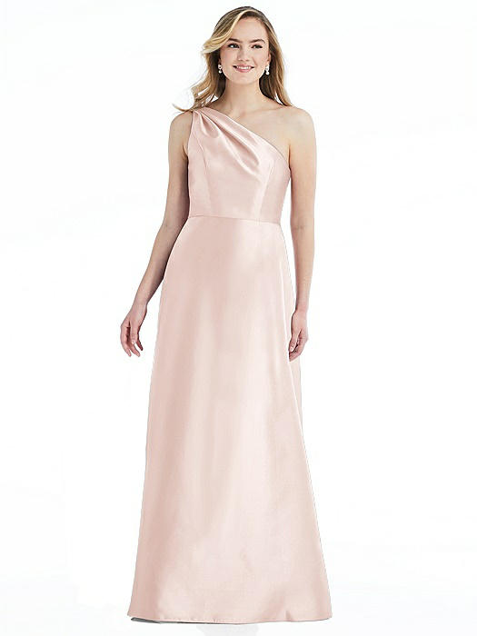 Pleated Draped One-Shoulder Satin Maxi Dress with Pockets