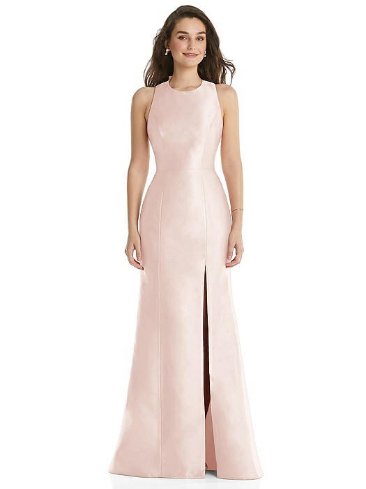 Jewel Neck Bowed Open-Back Trumpet Dress with Front Slit