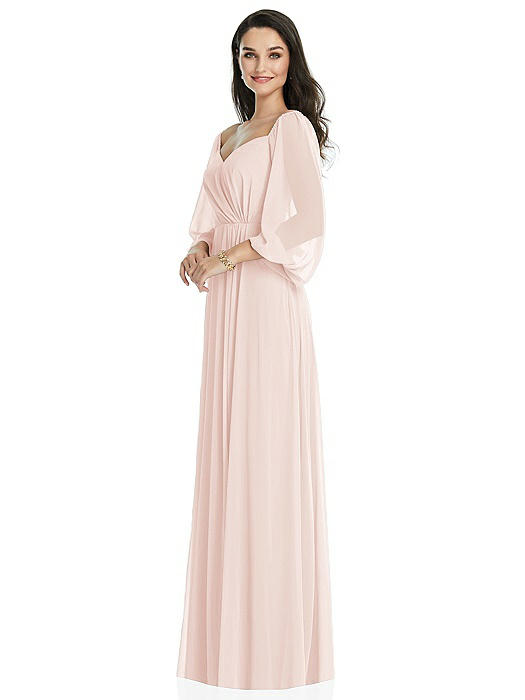 Off-the-Shoulder Puff Sleeve Maxi Dress with Front Slit