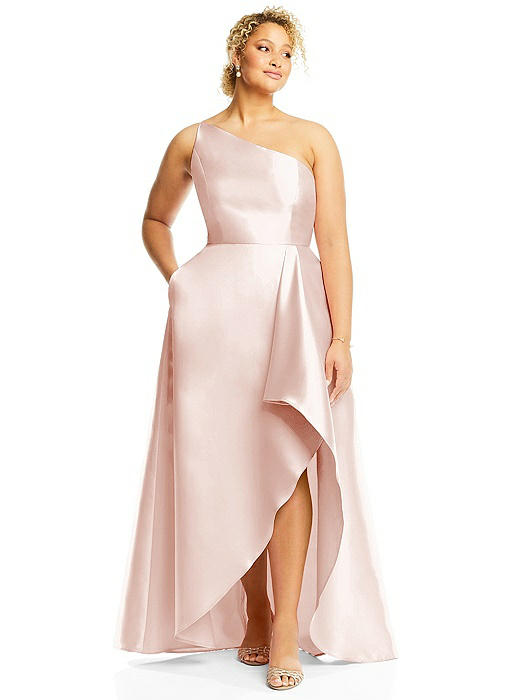 One-Shoulder Satin Gown with Draped Front Slit and Pockets