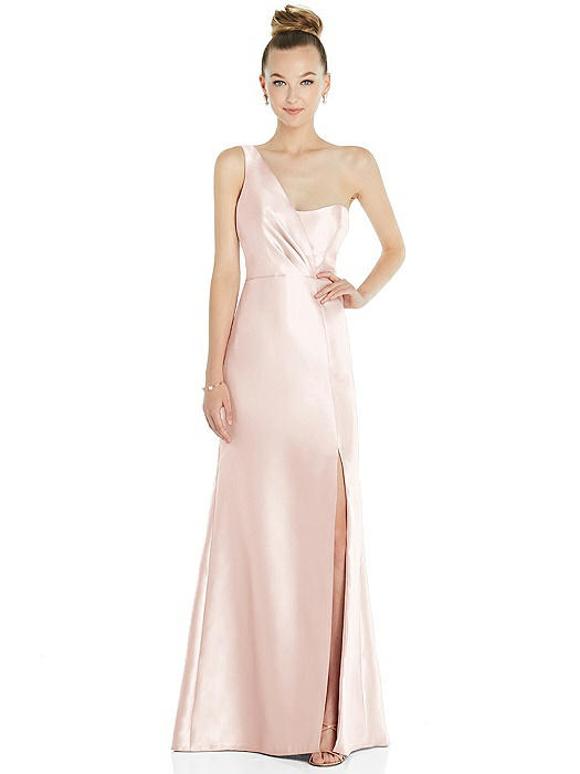 Draped One-Shoulder Satin Trumpet Gown with Front Slit