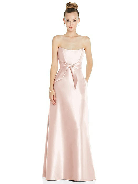 Basque-Neck Strapless Satin Gown with Mini Sash