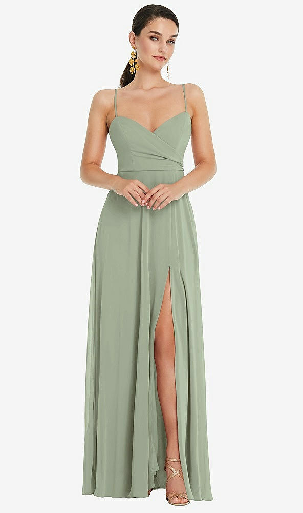 Front View - Sage Adjustable Strap Wrap Bodice Maxi Dress with Front Slit 