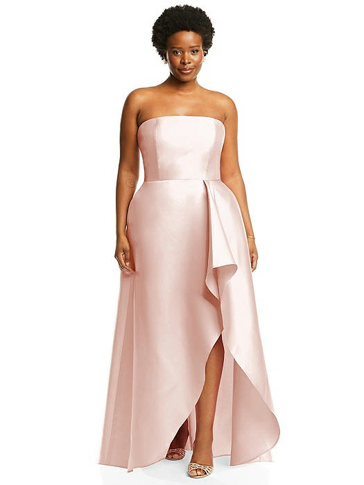 Strapless Satin Gown with Draped Front Slit and Pockets