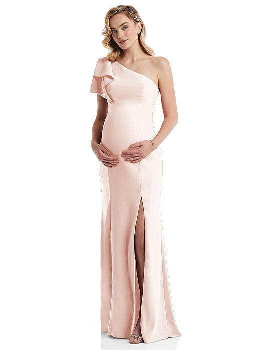 One-Shoulder Ruffle Sleeve Maternity Trumpet Gown