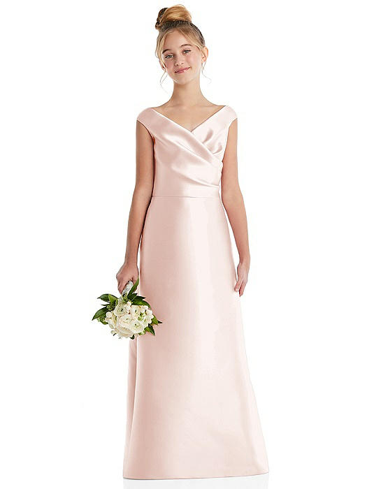 Off-the-Shoulder Draped Wrap Satin Junior Bridesmaid Dress