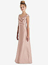 Side View Thumbnail - Toasted Sugar Off-the-Shoulder Draped Wrap Satin Junior Bridesmaid Dress