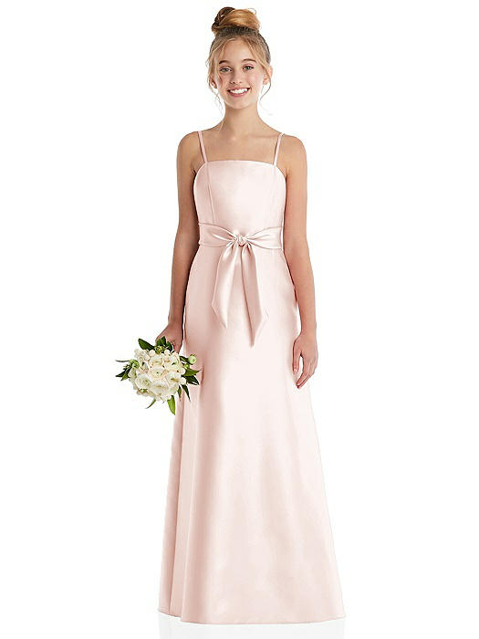 Spaghetti Strap Satin Junior Bridesmaid Dress with Mini Sash