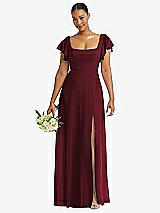 Front View Thumbnail - Cabernet Flutter Sleeve Scoop Open-Back Chiffon Maxi Dress