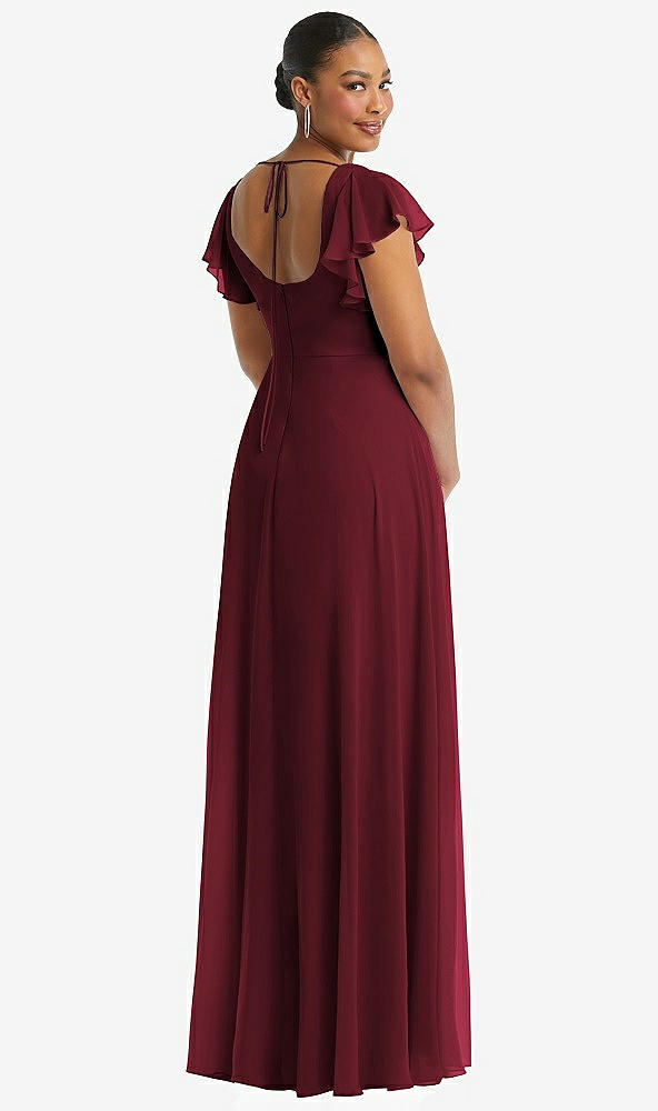 Back View - Cabernet Flutter Sleeve Scoop Open-Back Chiffon Maxi Dress