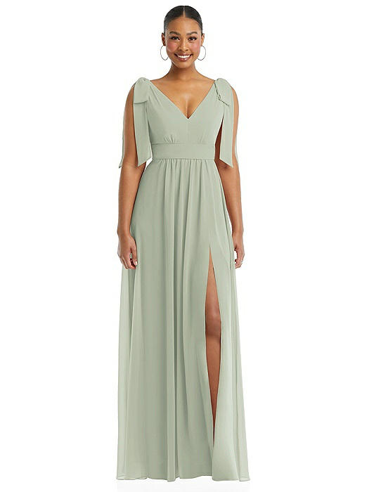 Plunge Neckline Bow Shoulder Empire Waist Chiffon Maxi Dress