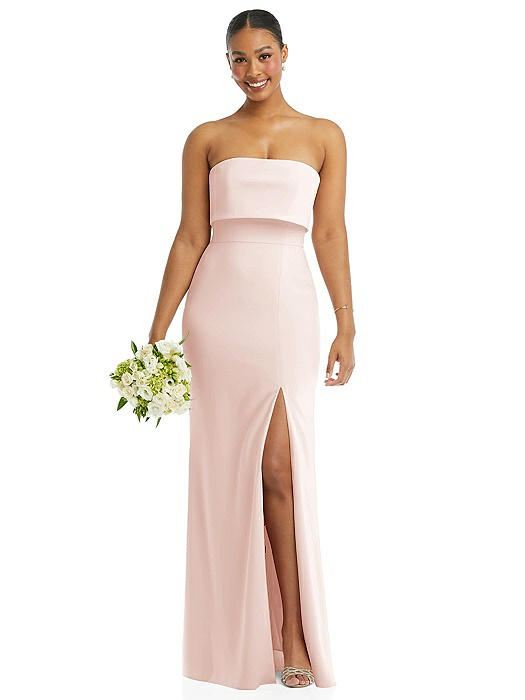 Strapless Overlay Bodice Crepe Maxi Dress with Front Slit