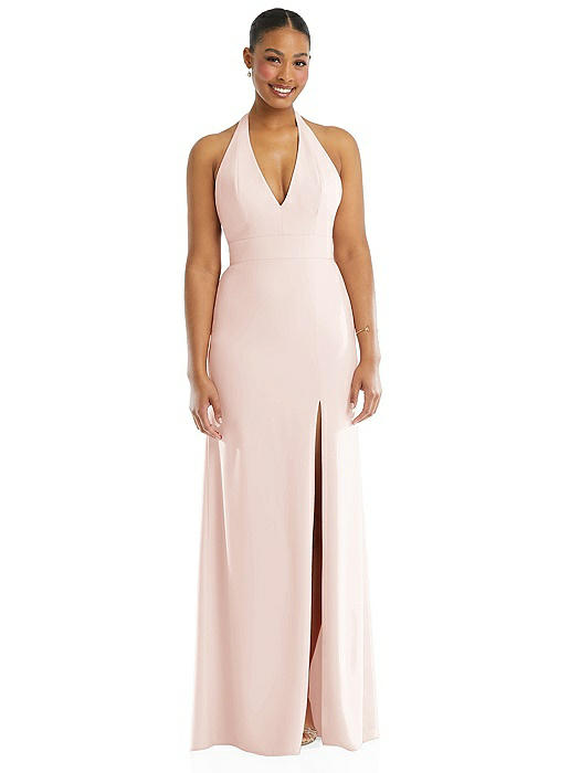 Plunge Neck Halter Backless Trumpet Gown with Front Slit