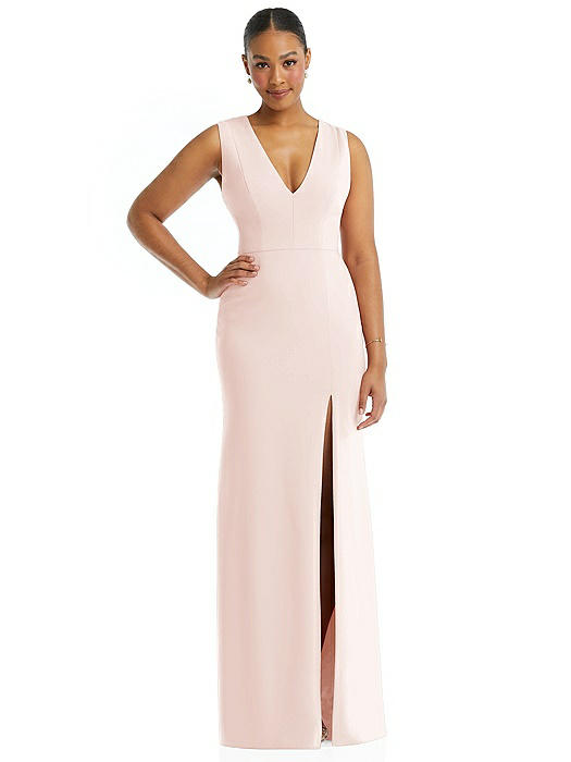 Deep V-Neck Closed Back Crepe Trumpet Gown with Front Slit