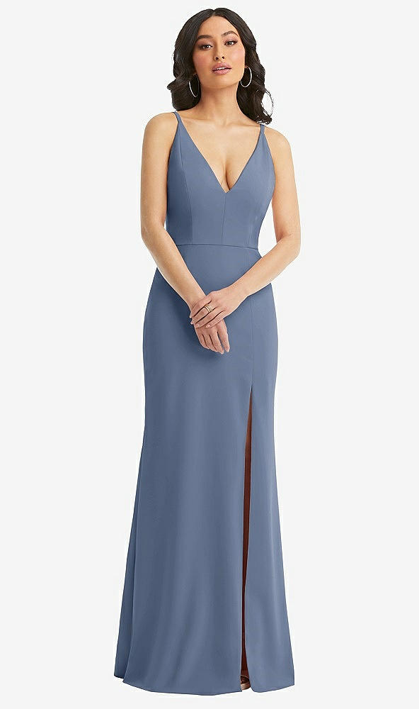 Front View - Larkspur Blue Skinny Strap Deep V-Neck Crepe Trumpet Gown with Front Slit