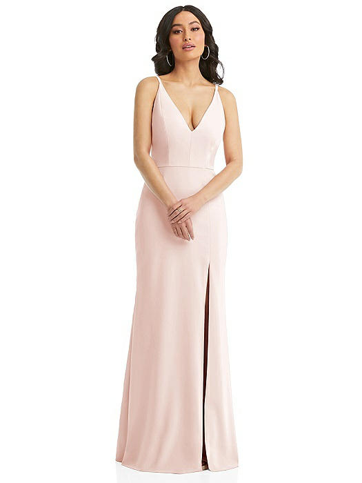 Skinny Strap Deep V-Neck Crepe Trumpet Gown with Front Slit